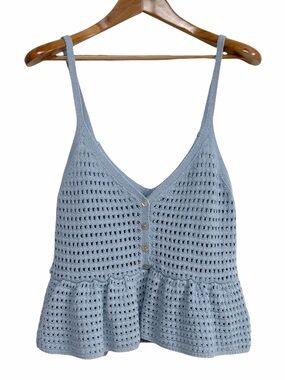 Zara Blue Crochet Knit Peplum Tank Top Medium Button Front V Neck Boho Summer